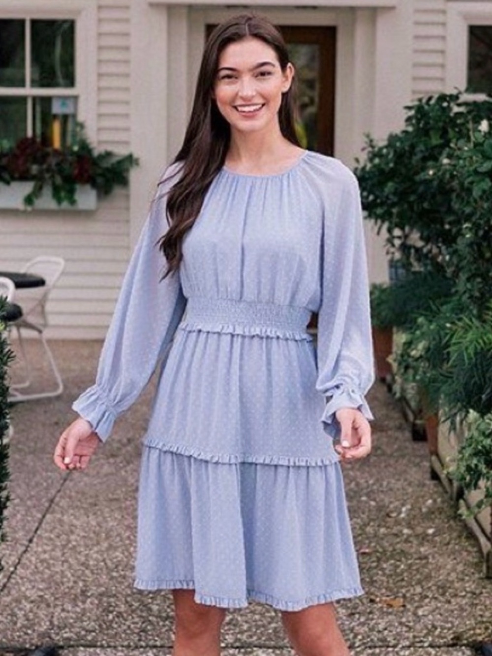 Gal Meets Glam Adeline Light Blue Long Sleeve Tiered Dress